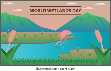 ilustración vectorial plana del día mundial de los humedales, con flamencos y pasto