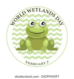 World Wetlands Day, funny frog in the swamp. February 2. Congratulation banner, postcard, poster, vector