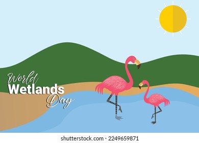 World Wetlands Day theme. Postcard or banner with a map cut out in paper, the branches of reeds and reminding an inscription. The date of the event is 2 February. Vector illustration.