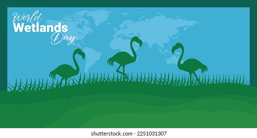 World Wetlands Day theme. Postcard or banner with a map cut out in paper, the branches of reeds and reminding an inscription. The date of the event is 2 February. Vector illustration.