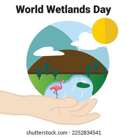 World Wetlands Day theme. Postcard or banner with a map cut out in paper, the branches of reeds and reminding an inscription. The date of the event is 2 February. Vector illustration.