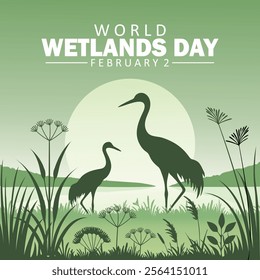 World Wetlands Day vector creative design. International wetlands vector illustration. February 2 wetlands day celebration design. Wetlands nature conservation poster. Green-themed wetland design.