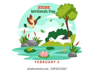 World Wetlands Day Vector Illustration on 2 February with Stork Animals and Garden Background in Holiday Celebration Flat Cartoon Design