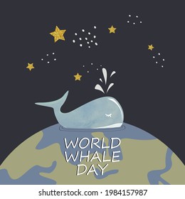 World whale day background witn whale, stars and planet.