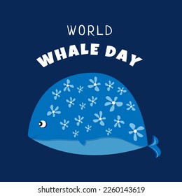 World Whale Day. Blue whale with flowers. Third Sunday in February. Important day. Vector illustration