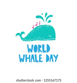 World whale day card, emblem, sign with cute whale and birds in cartoon style. For t-shirt, bags print, card, poster design. Vector illustration