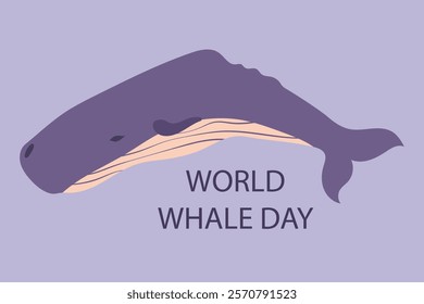 World Whale Day card or poster. Purple sperm whale in clip art style on a lilac background. Vector illustration for your design