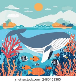 World Whale Day. Flat vector illustration of blue whale. Decorative cute illustration for children. Sea animals. Underwater world. Marine sealife. Vector graphic for print, card, logo, poster, banner.