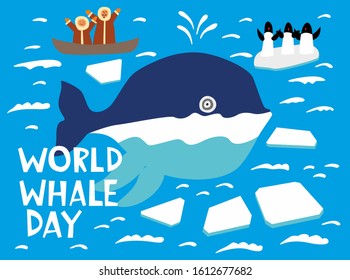 World whale day. Holiday card. A cute whale swims across the northern ocean among the ice floes