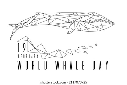 World Whale Day. Isolated whale design in low polygonal style on white background. Graphic whale logo consisting of a linear frame. Stock vector illustration for banner, postcard, poster, icon, logo.