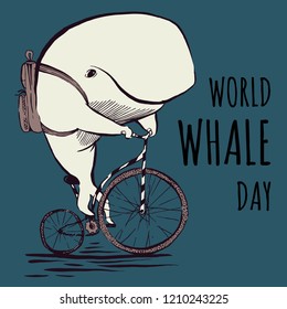 World whale day poster with cute whale character on bicycle with backpack on blue background; vector illustration EPS10
