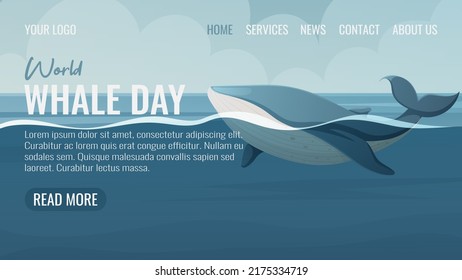 World whale day, protection of marine mammals, inhabitants of the oceans. Seascape, vector illustration, cartoon marine style. For web template, website interface