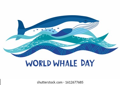 World whale day. Stylish whale swims along the decorative waves