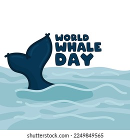 World Whale Day. Whale tail coming out of the water. The third Sunday in February. Hand drawn design vector. Poster, banner, card, background. Eps 10.