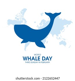 World Whale Day vector. Whale blue silhouette and world map vector. Aquatic mammals icon vector. Third Sunday in February. Important day