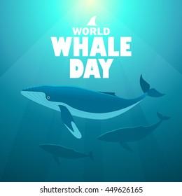 World whale day vector posture with humpback whales swimming under water in the rays of sunshine.