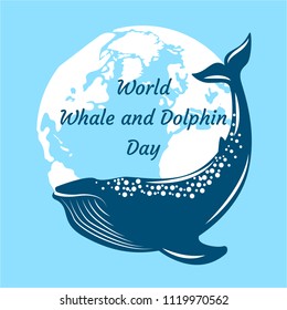 World Whale and Dolphin Day. 23 July. Concept of ecological holiday. Whale and silhouettes of continents. Event name