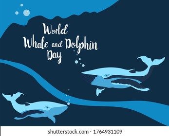 World Whale and Dolphin day 23 july vector poster.Hand drawn whales swim in ocean with lettering,waves and bubbles. Holiday celebration concept. Environmental protection.Ocean day. No plastic in sea