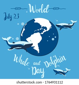 World Whale and Dolphin day 23 july vector poster. Hand drawn whales swim in ocean with lettering, waves and bubbles. Holiday celebration concept. Environmental protection.Ocean day.No plastic in sea