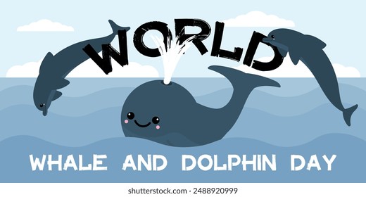 World Whale and Dolphin Day banner. Environment and ocean conservation. Horizontal poster for social media and web. Whale and dolphins on sea background. Flat style illustration. 23 July.