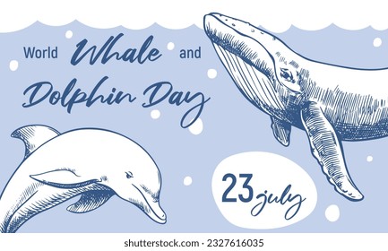 Día Mundial de la Ballena y el Delfín, 23 de julio. Cartel horizontal del vector. Las ballenas son dibujadas a mano, técnica de grabado, arte de línea. Los animales del mar nadan en el concepto de protección ambiental del océano. Día del océano.