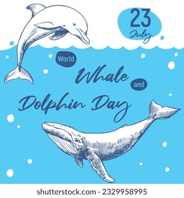 World Whale and Dolphin Day July 23rd. Vector poster. Whales are drawn by hand, engraving technique, line drawing. Sea animals swim in the ocean Environmental protection concept. Ocean day.