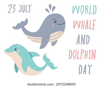 World Whale and Dolphin Day July 23rd. Vector horizontal poster. Sea animals swim in the ocean Environmental protection concept. Ocean day.