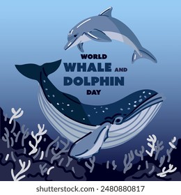 Día Mundial de las Ballenas y los Delfines, 23 de julio. Un afiche por las vacaciones. Ballena, ilustración de delfín. Los animales marinos nadan en el concepto oceánico de protección ambiental. Fondo oscuro de coral. Mundo submarino