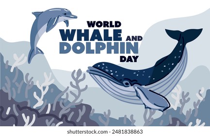 World Whale and Dolphin Day, July 23rd. Poster holiday. Whale and dolphin illustration. Marine animals swim in the ocean, the concept of environmental protection. Ocean Day. Underwater world layers