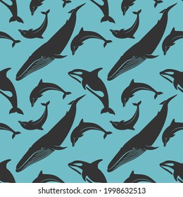 El Día Mundial de la Ballena y el Delfín es un patrón sin fisuras. Ilustración vectorial