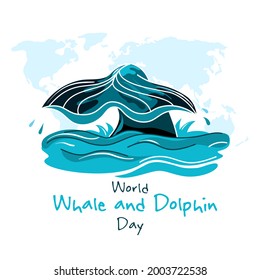 World Whale and Dolphin Day. The tail of a whale above the waves on the background of the world map. Template for a banner, postcard, poster, web greeting. Vector isolated on a white background.