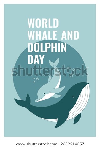 World Whale and Dolphin Day. Template for background, banner, greeting card, poster with text inscription, highlighting marine life and ocean conservation. Vector illustration.