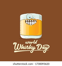 World Whisky Day﻿ banner with vector funny cartoon smiling whiskey glass character isolated on brown background. whiskey day vector concept illustration. funky hipster alcohol character label