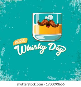 World Whisky Day﻿ banner with vector funny cartoon smiling whiskey glass character isolated on grunge 
 azure background. whiskey day vector concept illustration. funky hipster alcohol character label