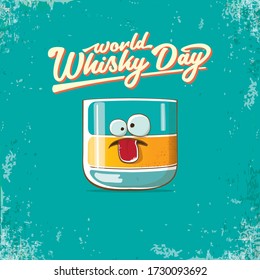World Whisky Day﻿ banner with vector funny cartoon smiling whiskey glass character isolated on grunge 
 azure background. whiskey day vector concept illustration. funky hipster alcohol character label