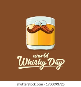 World Whisky Day﻿ banner with vector funny cartoon smiling whiskey glass character isolated on brown background. whiskey day vector concept illustration. funky hipster alcohol character label