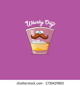 World Whisky Day﻿ banner with vector funny cartoon smiling whiskey glass character isolated on violet background. whiskey day vector concept illustration. funky hipster alcohol character label
