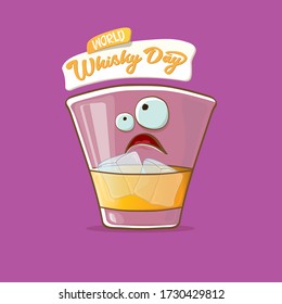 World Whisky Day﻿ banner with vector funny cartoon smiling whiskey glass character isolated on violet background. whiskey day vector concept illustration. funky hipster alcohol character label