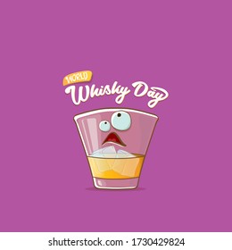 Banner del Día Mundial del Susurro con caricatura vectorial graciosa sonriendo personaje de whisky de vidrio aislado en fondo violeta. ilustración de concepto de vector de día de whisky. etiqueta del personaje de alcohol hipster funky