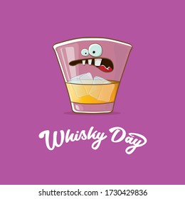 Banner del Día Mundial del Susurro con caricatura vectorial graciosa sonriendo personaje de whisky de vidrio aislado en fondo violeta. ilustración de concepto de vector de día de whisky. etiqueta del personaje de alcohol hipster funky