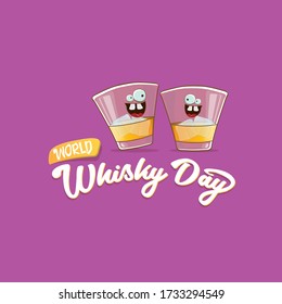 World Whisky Day﻿ banner with vector funny cartoon smiling whiskey glass character isolated on violet background. whiskey day vector concept illustration. funky hipster alcohol character label