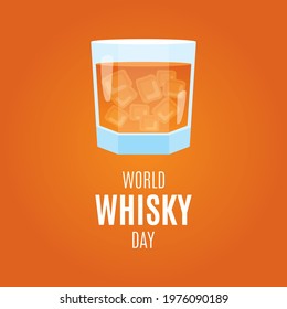World Whisky Day vector. Glass of whiskey with ice vector. Whisky drink icon isolated on a brown background. Important day
