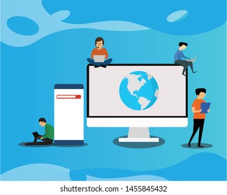 World wide concept illustration of people using laptop computer for research working concept. Flat men near big gadgets with earth symbols, smartphone big icon and people.