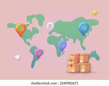 World Wide Delivery. Map with delivery tracking. GPS navigator pointer. 3D Web Vector Illustrations.