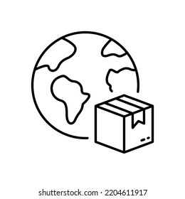 Weltweites Lieferpaket und Symbol für die globale Lieferlinie. Lineares Piktogramm der internationalen Schiffsindustrie Umriss des globalen Import Export-Einzelhandels weltweit. Bearbeitbarer Stroke. Einzelne Vektorgrafik.