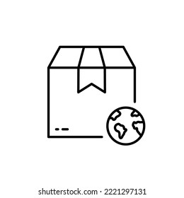 World Wide Delivery Parcel Box and Globe Line Icon. International Shipping Industry Linear Pictogram. Global Worldwide Import Export Retail Outline Icon. Editable Stroke. Isolated Vector Illustration.