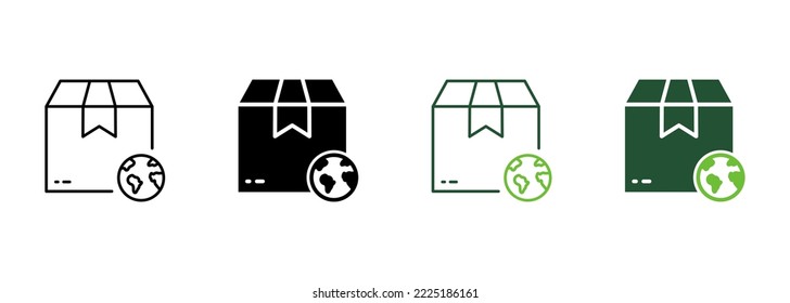 World Wide Delivery Parcel Box and Globe Silhouette and Line Icon. International Shipping Industry Pictogram. Global Worldwide Import Export Retail Icon. Editable Stroke. Isolated Vector Illustration.