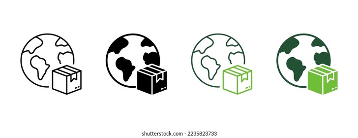 World Wide Delivery Parcel Box and Globe Silhouette and Line Icon. International Shipping Industry Pictogram. Global Worldwide Import Export Retail Icon. Editable Stroke. Isolated Vector Illustration.