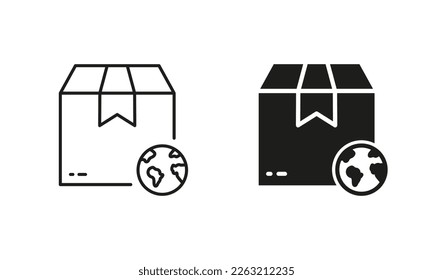 World Wide Delivery, Parcel Box and Globe Silhouette and Line Icon Set. International Shipping Industry Pictogram. Global Worldwide Import Export Retail. Editable Stroke. Isolated Vector Illustration.