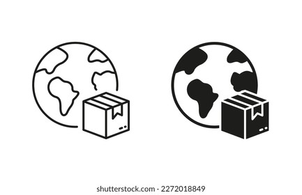 World Wide Delivery Parcel Box and Globe Silhouette and Line Icon Set. International Shipping Industry Pictogram. Global Worldwide Import Export Retail. Editable Stroke. Isolated Vector Illustration.